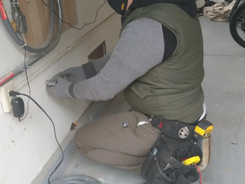 Electrician performing outlet wiring in a Steger garage